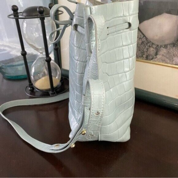 Mansur Gavriel Mini Bucket Bag Gator Blue Alligator Print Drawstring Crossbody - Picture 2 of 9